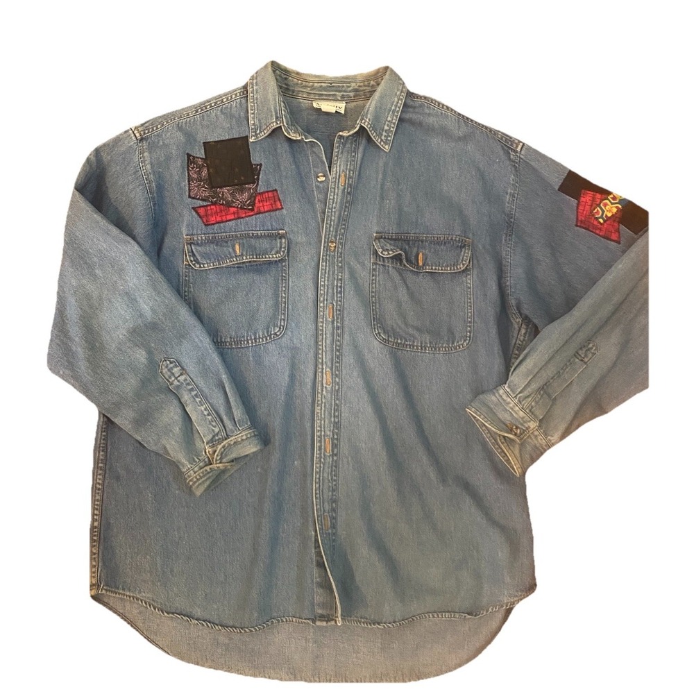 Y2k GRANDPACORE Vintage Arrietty Shirt‎ Blue button down Sz XL  patchwork 90s